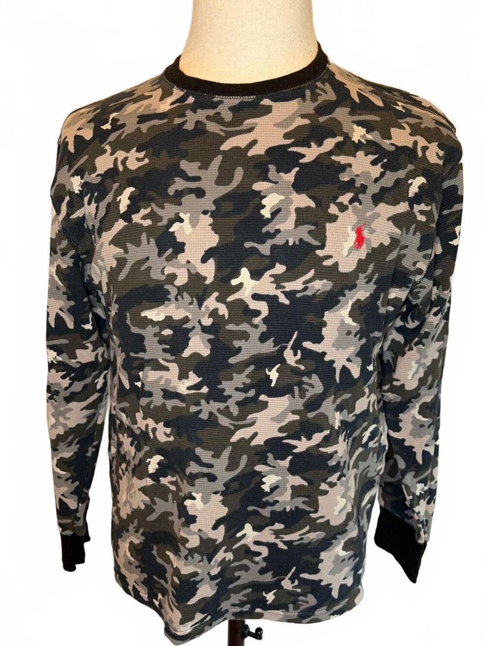 Polo Ralph Lauren L Gray Black Camo Waffle Knit Thermal Shirt Red Pony Grunge